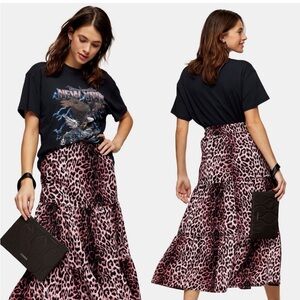 LAST CALL TOPSHOP Pink Leopard Print Midi Maxi Long Punk Skirt